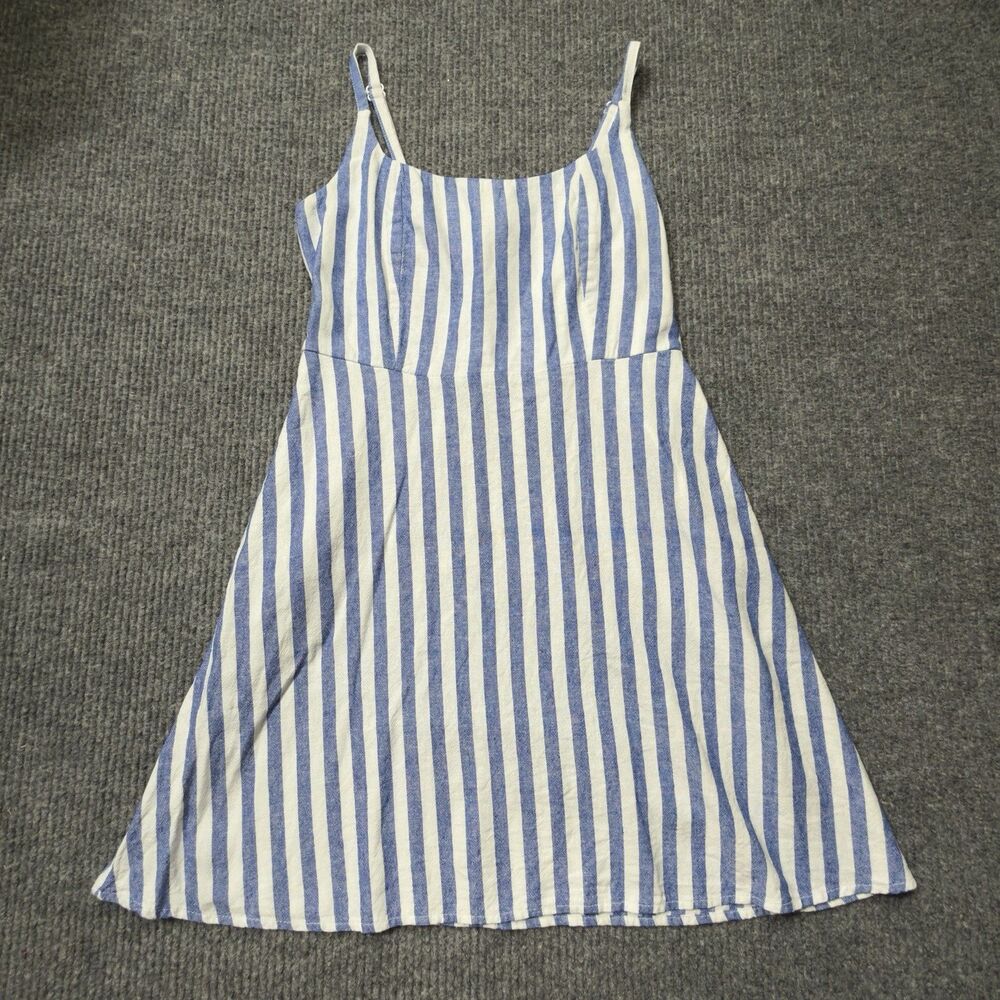 Old Navy Midi Dress Womens Medium Blue White Striped Linen Blend Smocked Pockets